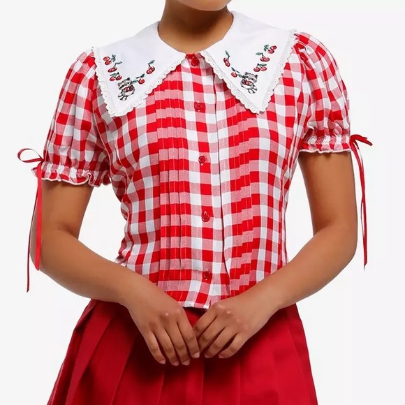 Hot Topic Tops - Thorn & Fable Raccoon & Cherries Red Gingham Woven Top Hot Topic